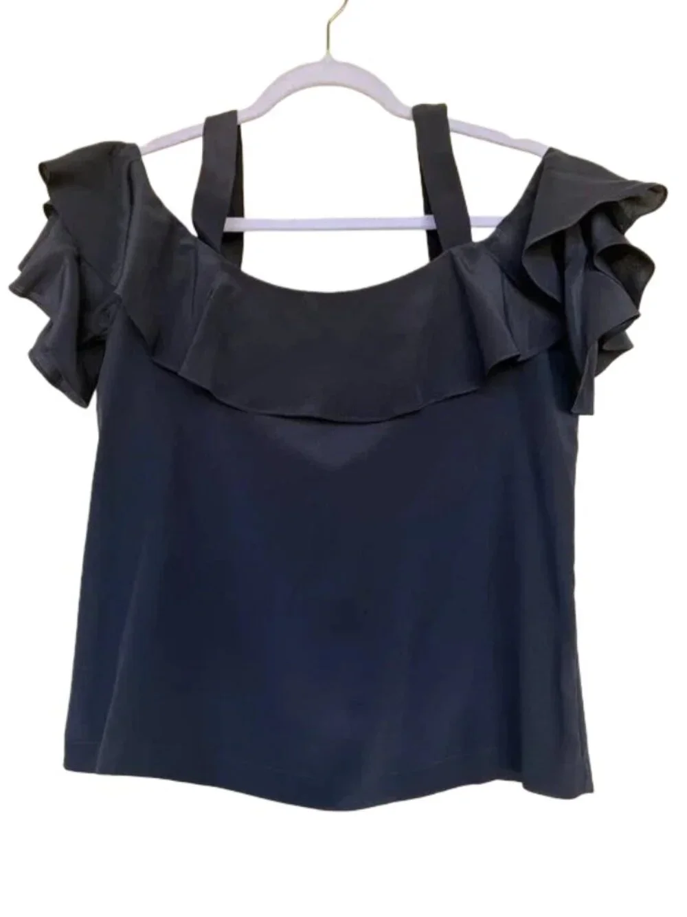 J. Crew Black off-the-shoulder Silk Blouse Ruffled Shoulder Straps